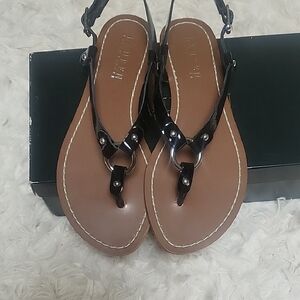Ralph Lauren Black and Brown T-Strap Sandals